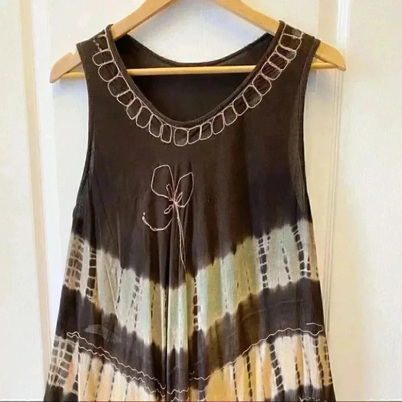 Summer Dress A-Line  Midi Length Tunic Umbrella Sundress Brown Pink Green Medium - Picture 7 of 16